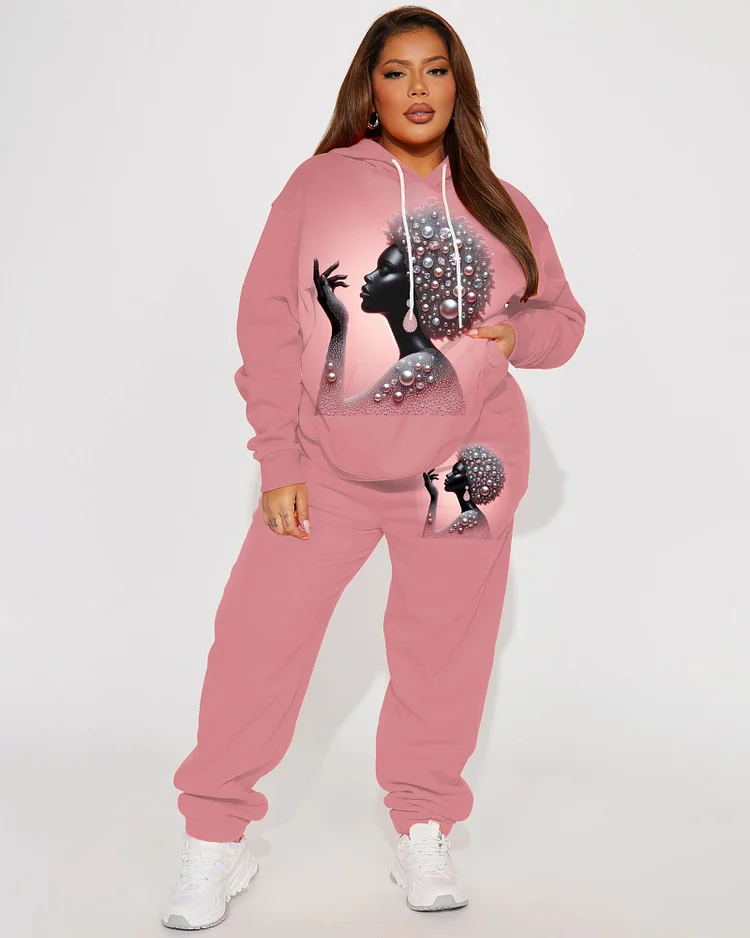 Women's Plus Size Elegant Pearl Women Print Hoodie Suit