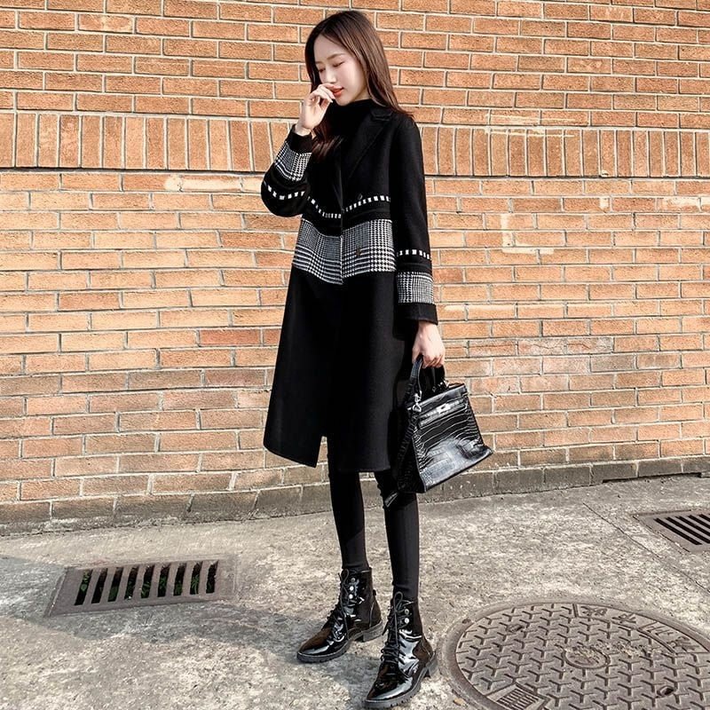 2021 Fashion Off Season Black Tweed Coat Women's Middle Length New Thousand Bird Check Hepburn Woolen Coat Autumn And Winter