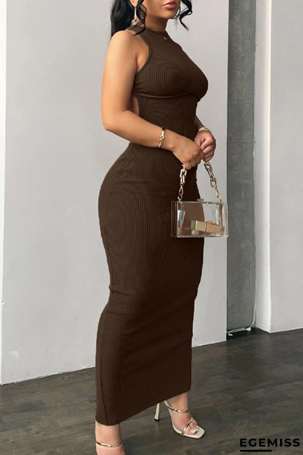 Coffee Fashion Sexy Solid Backless O Neck Sleeveless Dress Dresses | EGEMISS