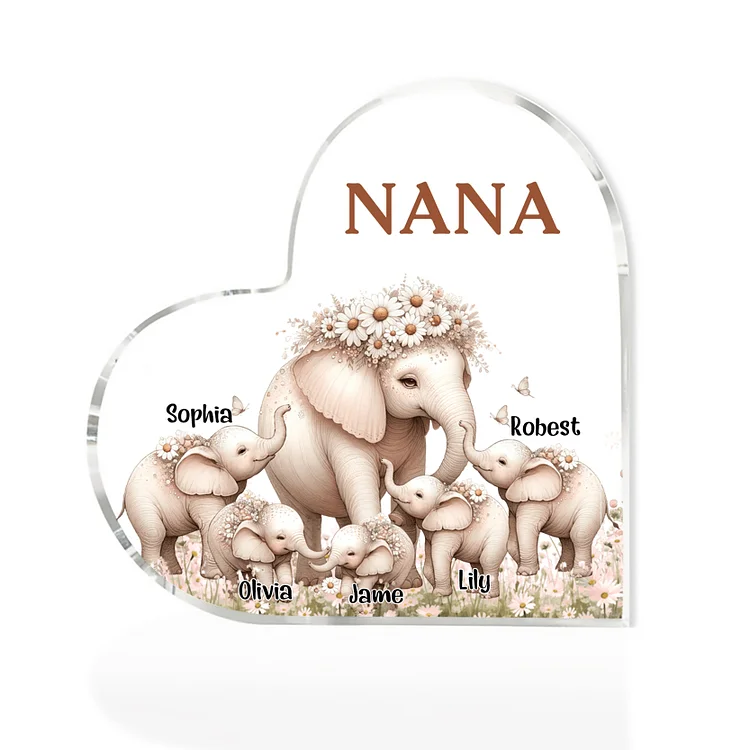 5 Names-Personalized Elephant Acrylic Heart Keepsake Custom Text Acrylic Plaque Ornaments Gifts for Nana