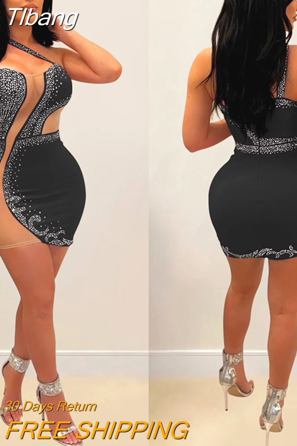 Tlbang Autumn Sexy Diamond Tight Mini Dress Women Fashion Nightclub Style Mesh Diamond Perspective Dress Women