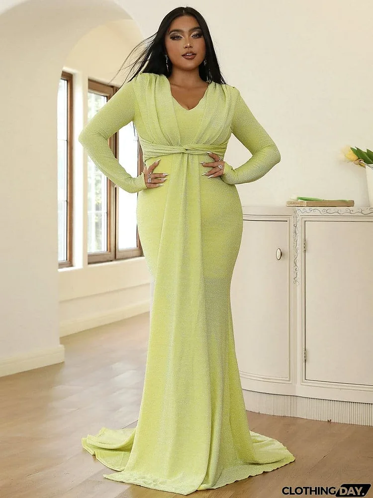 Plus Size Long Sleeve Draped Prom Dress PM02144