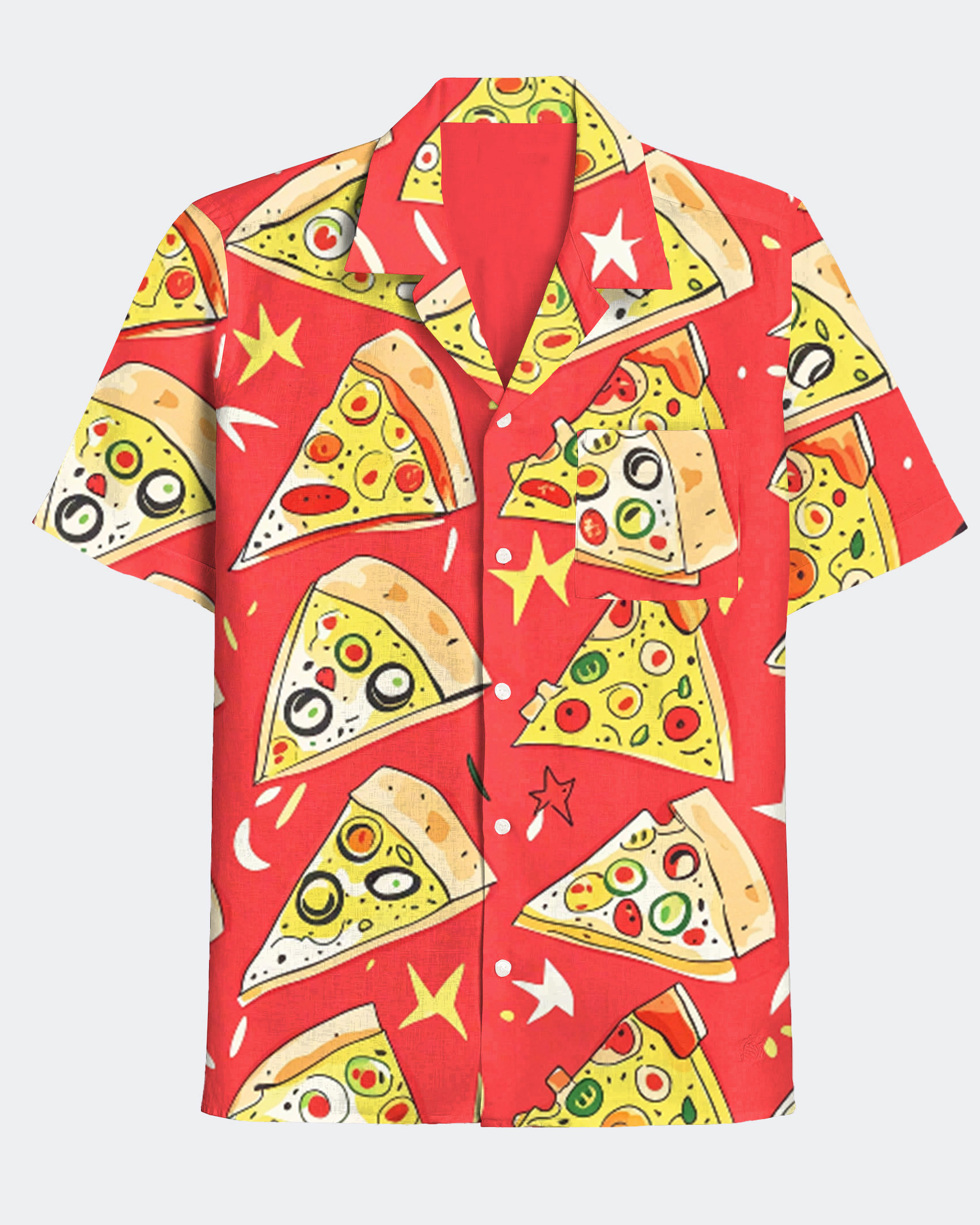 Men's Hawaiian Food Cartoon Pizza Print Cuban Collar Short Sleeve Shirt