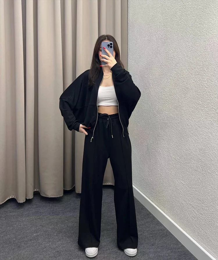 Solid Color Loose Zip Sweater Casual Pant Suit