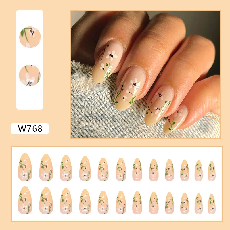 Churchf Churchf Yellow Gradient Retro Flower Flower Nail Round Head Almond Nail Gentle But Human Girl Simple But Elegant Nail