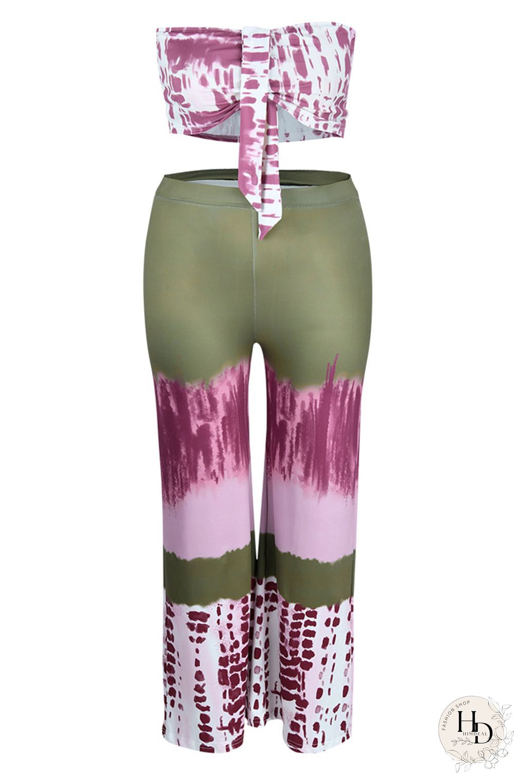 Pink Sexy Print Patchwork Strapless Plus Size Two Pieces