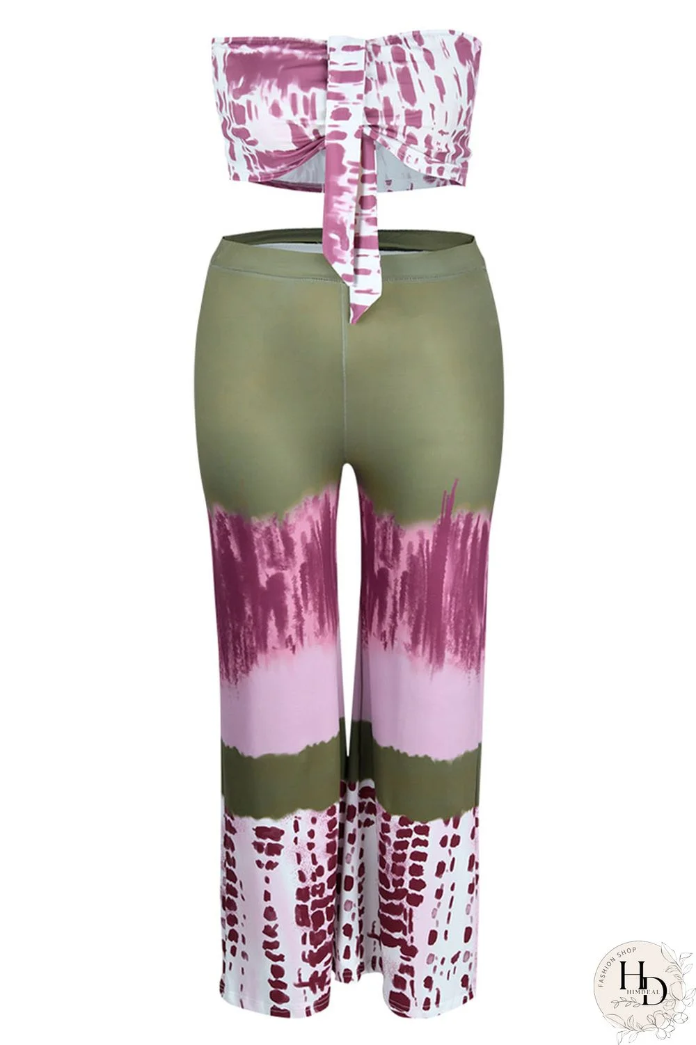 Pink Sexy Print Patchwork Strapless Plus Size Two Pieces