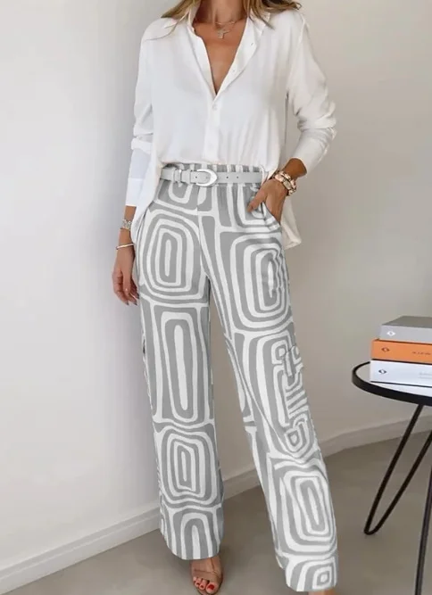 Wongn Wongn Summer Women's Casual Long Sleeve Lapel Shirt Print Wide-Leg Pants Suit