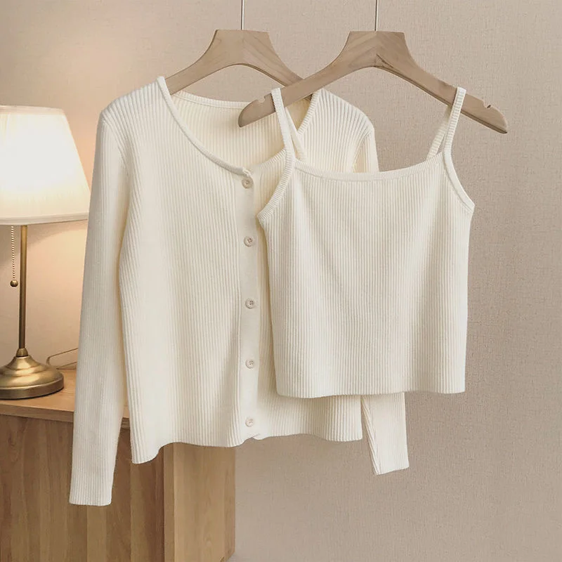 Zingj Zingj Texture Two-Piece Set Of Halter Vest Knit Cardigan Female Autumn 2024 New Women's Sweater Suit Top