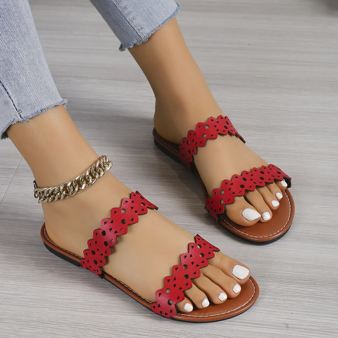 Tanguoant Tanguoant New Hollow Flat Bottom Slippers Female Summer Wear Casual One Word Large Size Sandals
