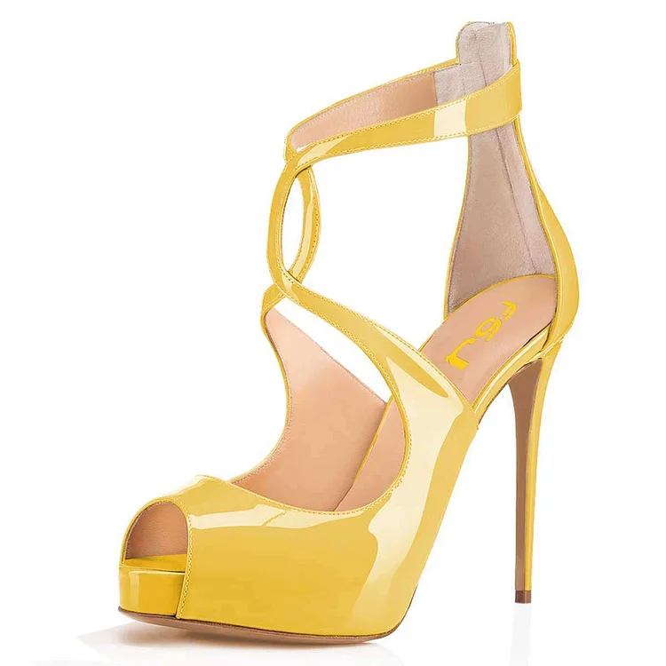 Yellow Patent Leather Crisscross Straps Peep Toe Heels with Platform |FSJ Shoes