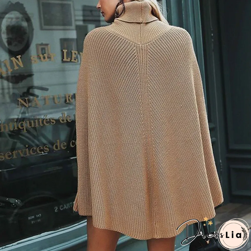 Fashion Cape Turtleneck Sweaters Women Fall Elegant Sleeveless Poncho Coats Female Batwing Knitted Oversized Jumpers Mujer