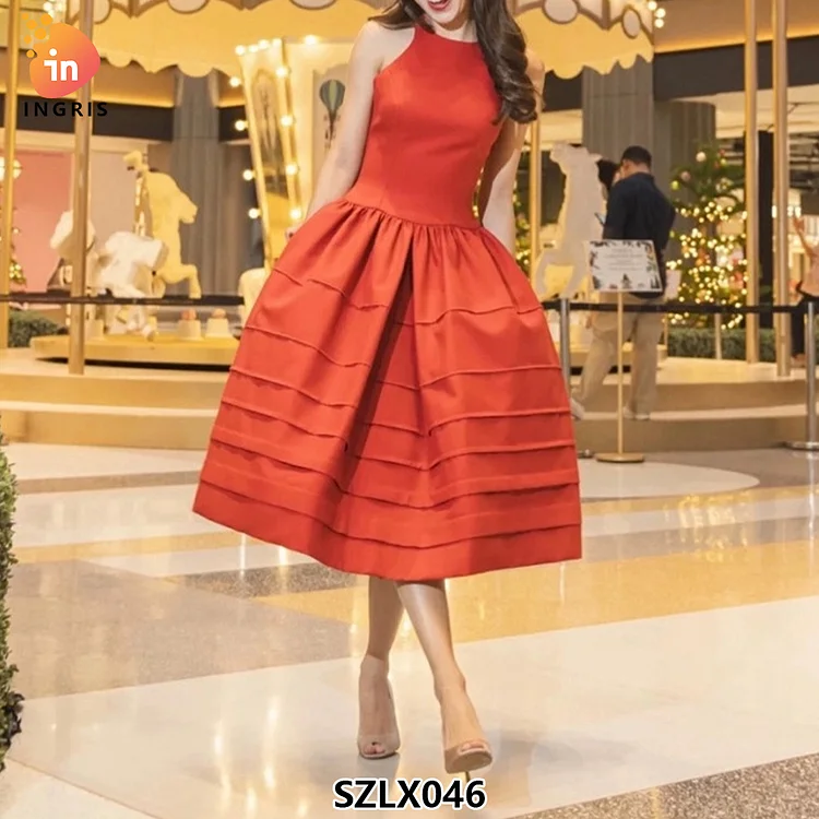 2025 High Quality Fashion Elegant Women Long Dress Red Pleated Elegant Fashion Christmas Long Maxi Dress-SZLX046