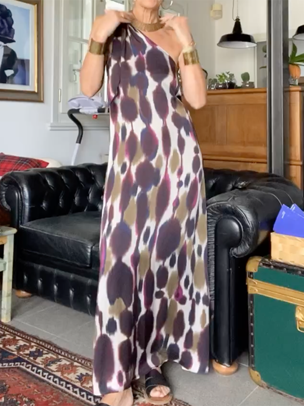 Asymmetric Printing Loose Sleeveless One-Shoulder Maxi Dresses