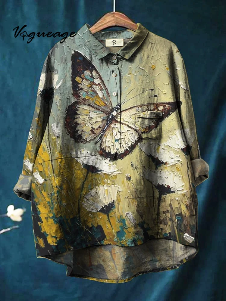 Fashion Realistic Oil Painting Butterfly Flowers Print Cotton And Linen Shirt