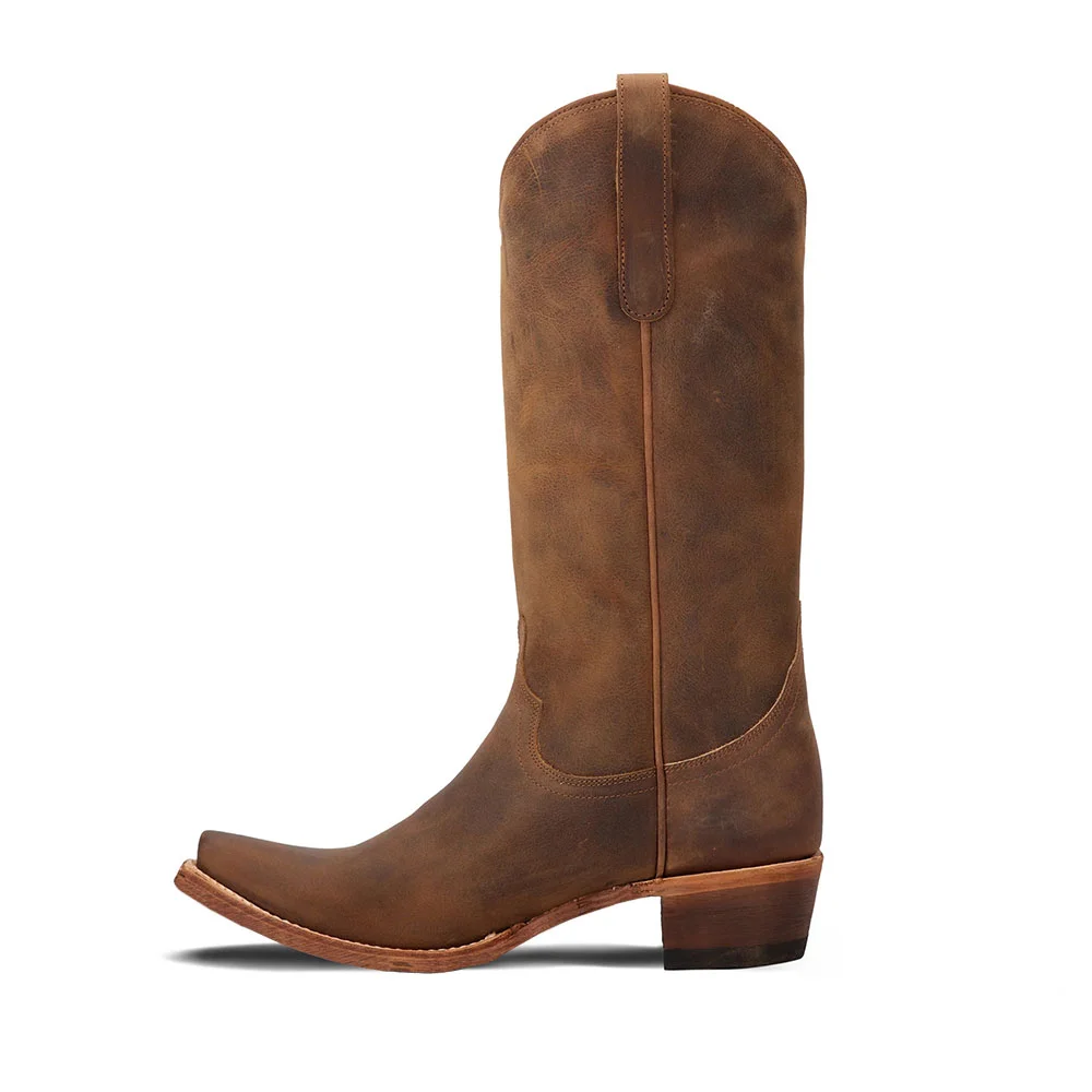 YDN Brown Snip Toe Mid Calf Western Boots for Women with Chunky Heel
