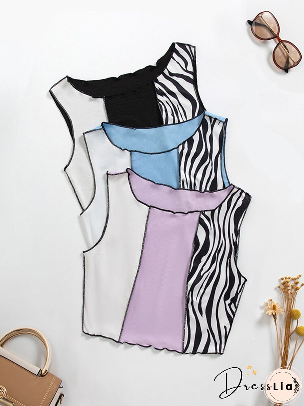 Zebra Stripe Graphic Patchwork Rib Knit Ruched Crop Vest Women Y2K Clothes Summer Harajuku Sleeveless Tank Tops Streetwear