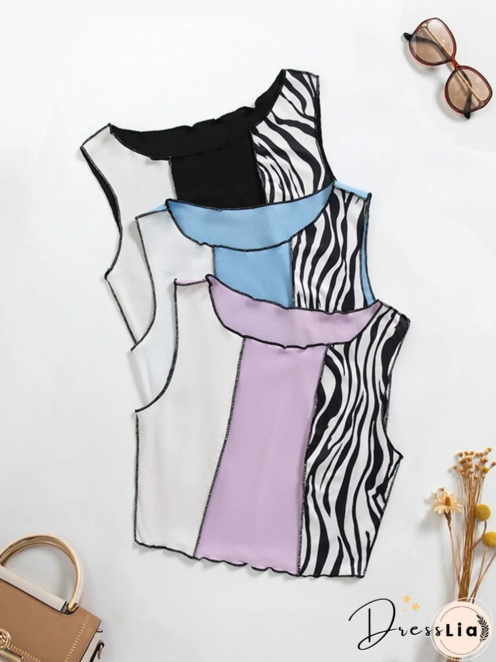 Zebra Stripe Graphic Patchwork Rib Knit Ruched Crop Vest Women Y2K Clothes Summer Harajuku Sleeveless Tank Tops Streetwear