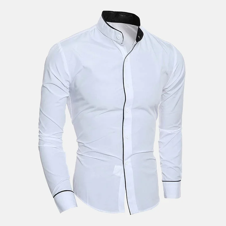 Men's Plain Contrast Binding Stand Collar Buttons Classic Shirt
