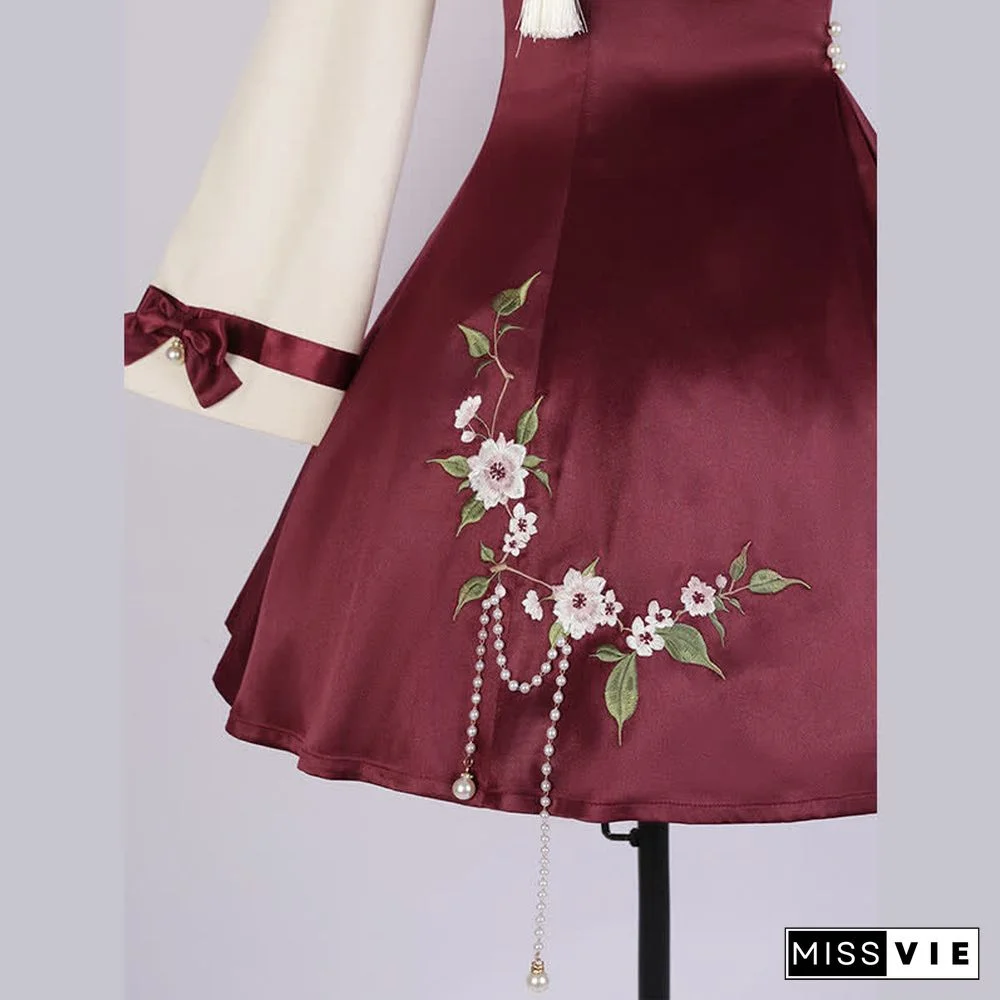 Vintage Blossom Embroidery Pearl Chain Top Slip Dress