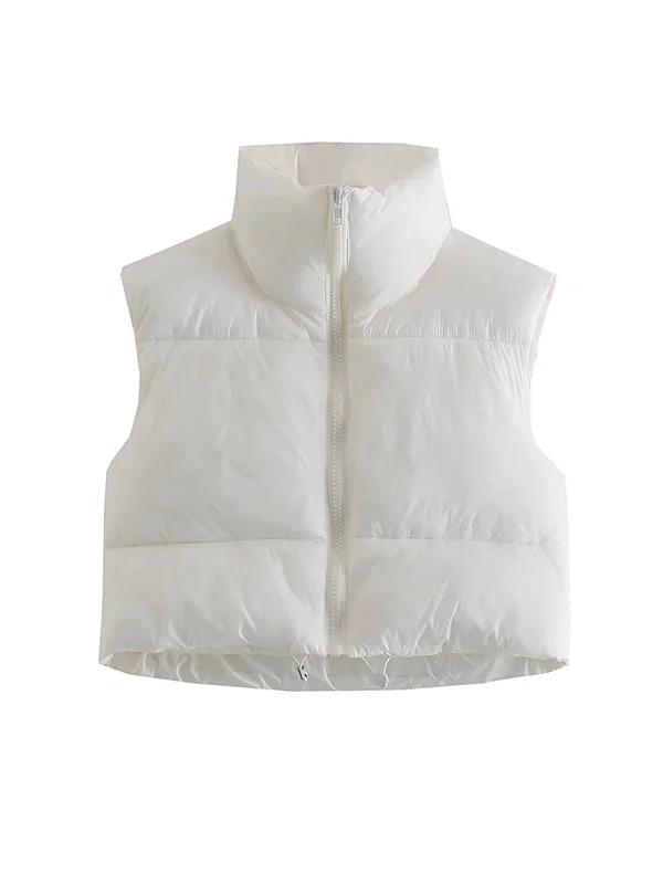 Skinny Sleeveless Solid Color Zipper Stand Collar Padded Vest Vest Top
