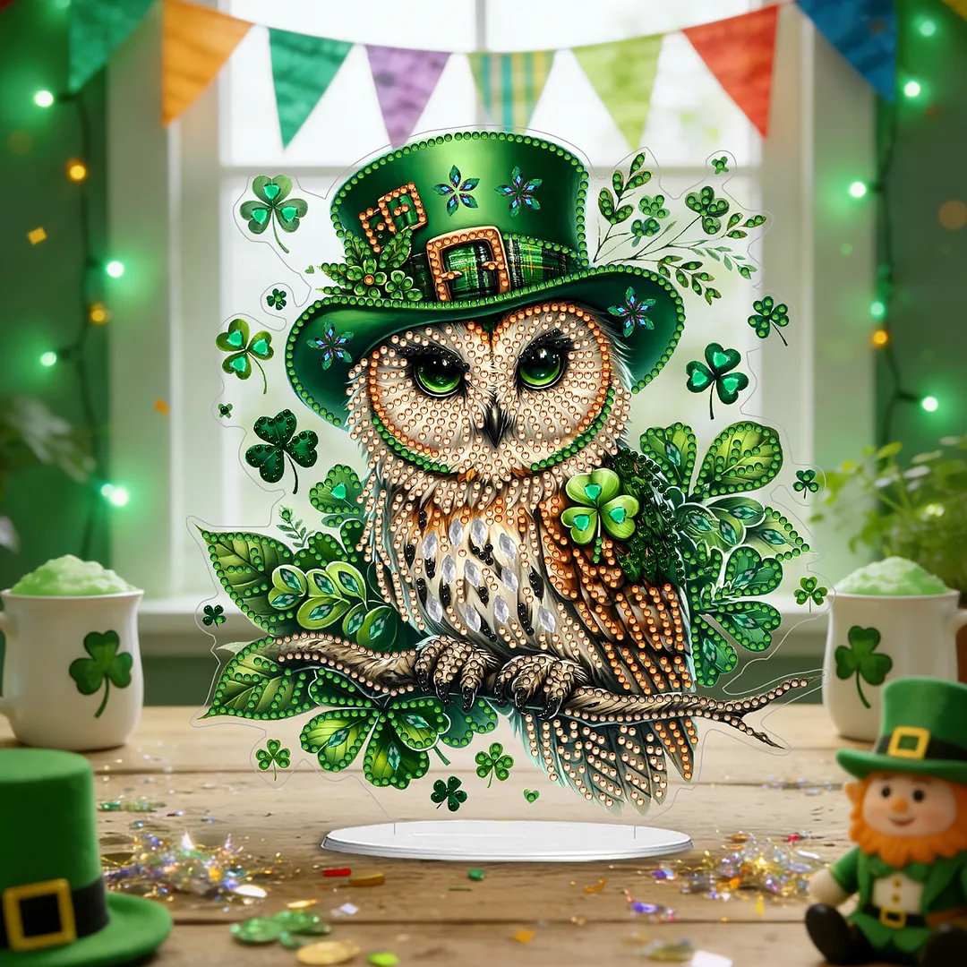 2D Flat DIY St Patricks Day Owl Diamond Painting Tabletop Ornaments Kit Special Shape Crystal Art Craft Decoration Single Side Drill for Living Room Home Office
