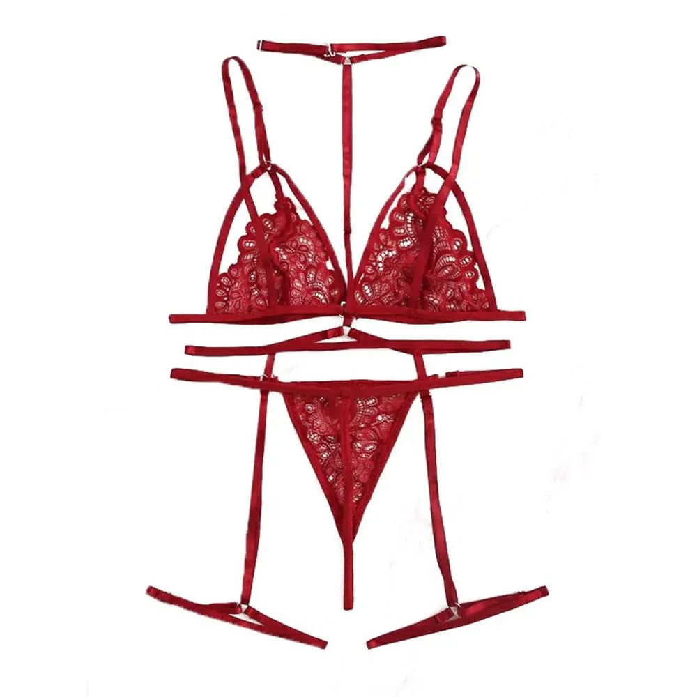 Sexy Lingerie Bra Set Women's Sexy Lace Red Sling Bra Thong Garter Underwear Set S-XL Sleepwear Lingerie Sets Lenceria