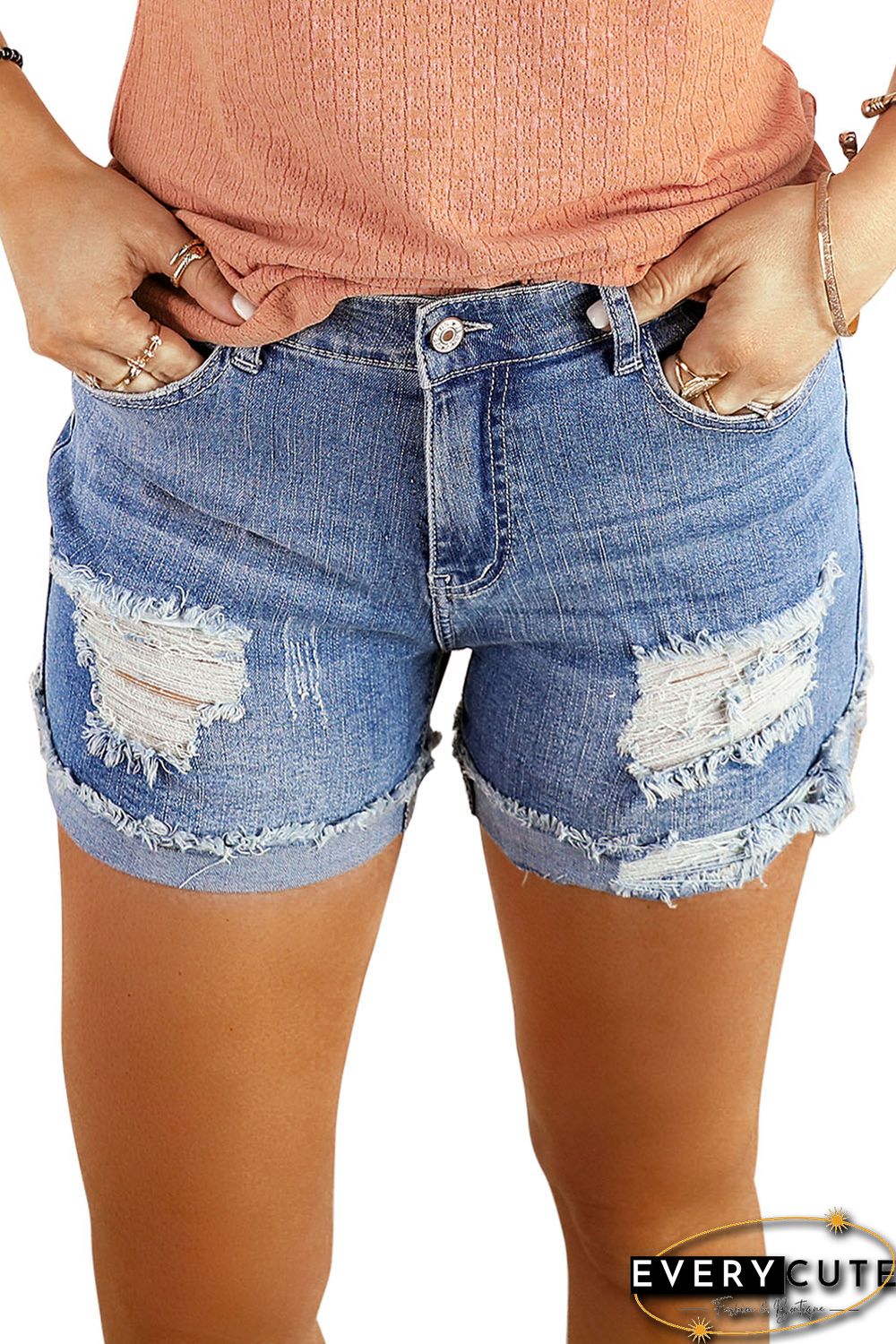 Women's Distressed Ripped Rolled Hem Blue Denim Shorts