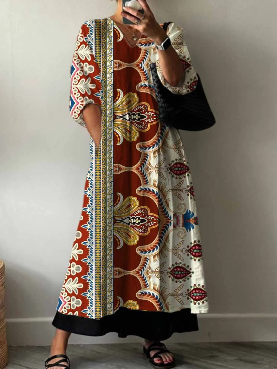 Women's Vintage Lovely Floral Art Print Pocket V-neck Cotton Dress