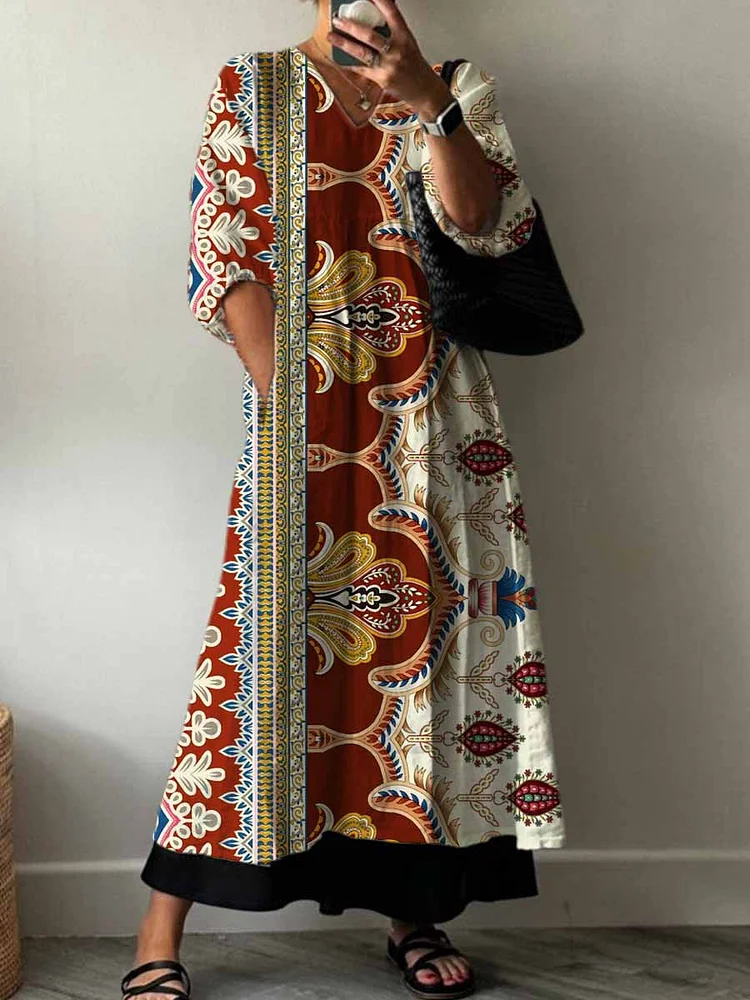 Women's Vintage Lovely Floral Art Print Pocket V-neck Cotton Dress