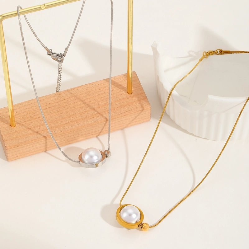 Casual Elegant Minimalist Round 304 Stainless Steel Imitation Pearl 18K Gold Plated Plating Inlay Pendant Necklace