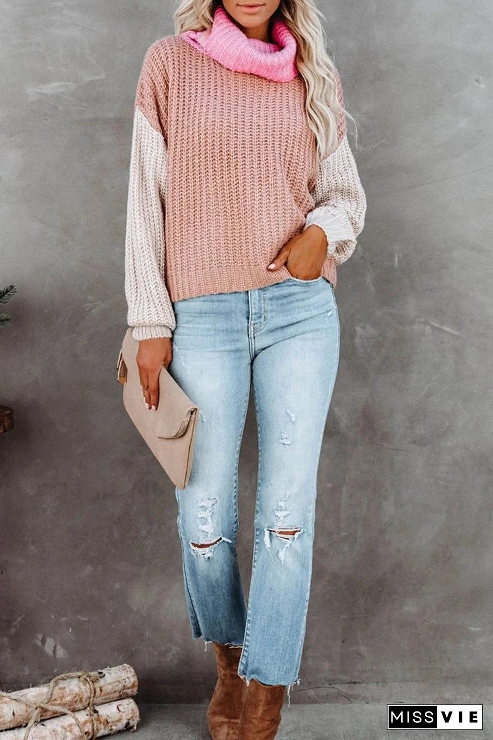 Turtleneck Color Block Casual Sweater