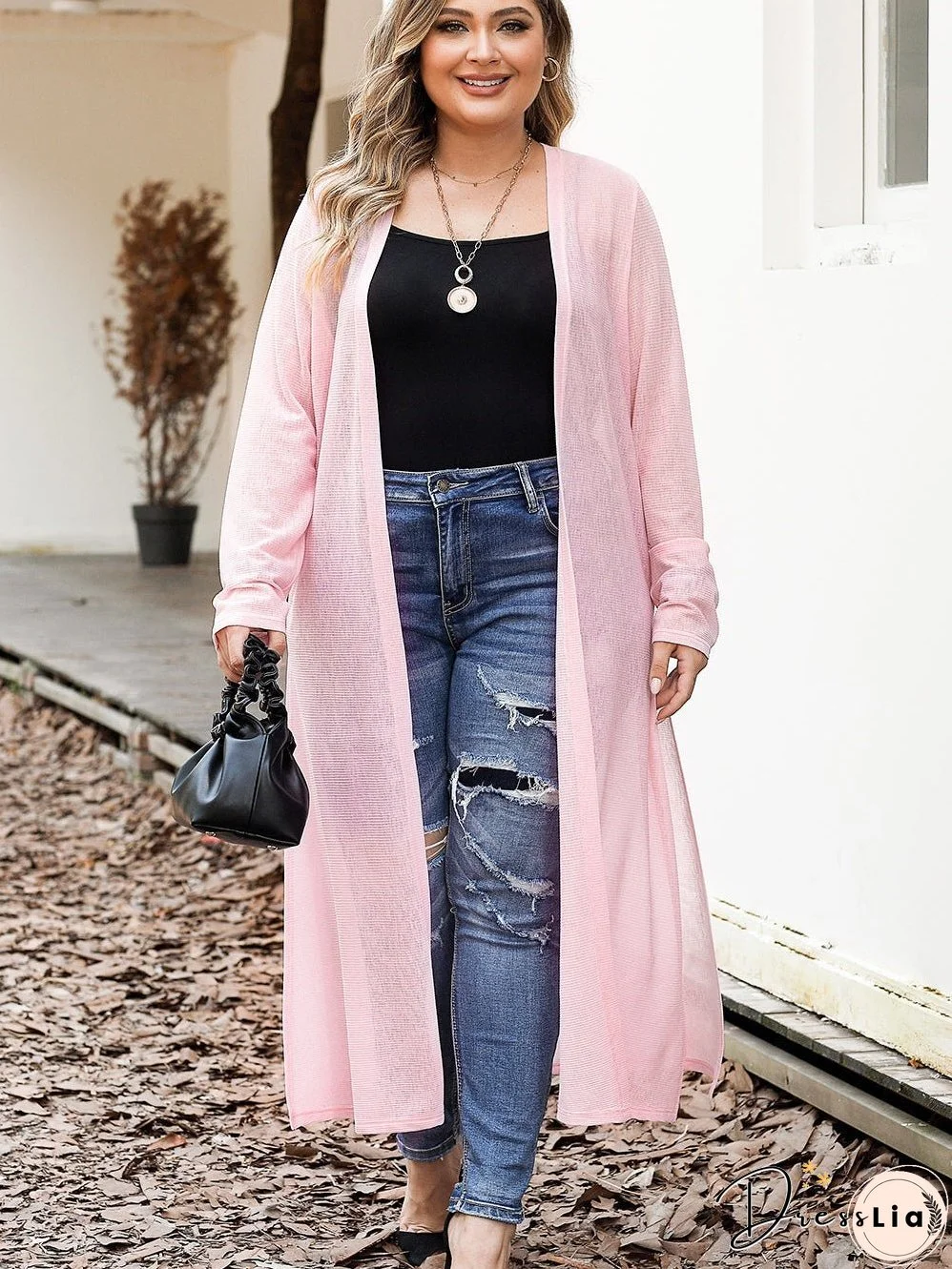 Pink Sheer Knit Long Side Slit Plus Size Cardigan with Southern Belle Style