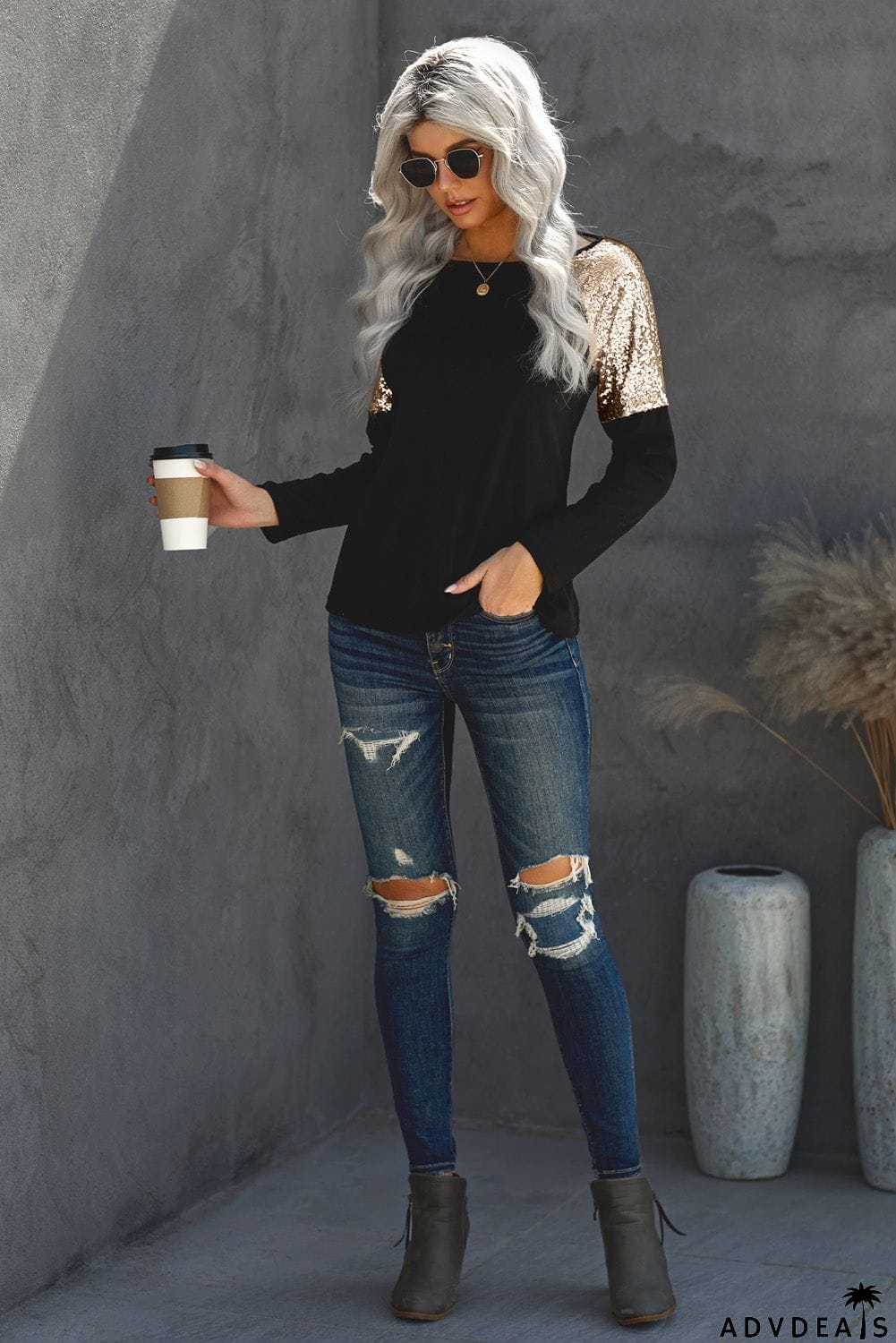 Sequin Shoulder Long Sleeve Top