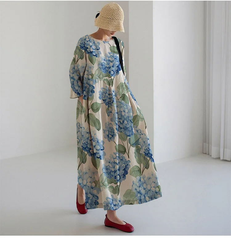 Printing Cotton And Linen Style Long Sleeve  Maxi Dress