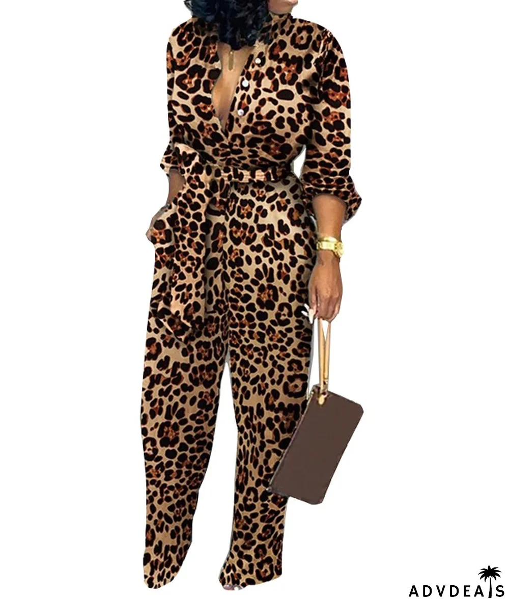 Autumn Print Button Up Formal Jumpsuit with Belt