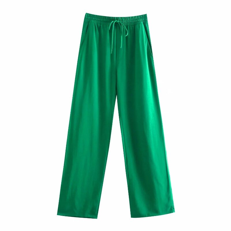 Aachoae Women Wide Leg Pants Green Casual Long Pants Trousers Fashion Vintage High Street Lady Trousers Pantalon