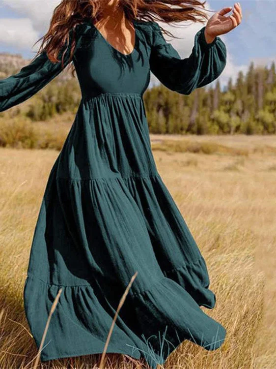 Women plus size clothing Women's Long Sleeve V-neck Solid Color Maxi Dress-Nordswear