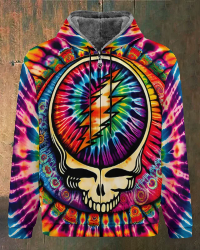 Unisex Skull Print Double Layer Fleece Zip-Up Hooded Jacket