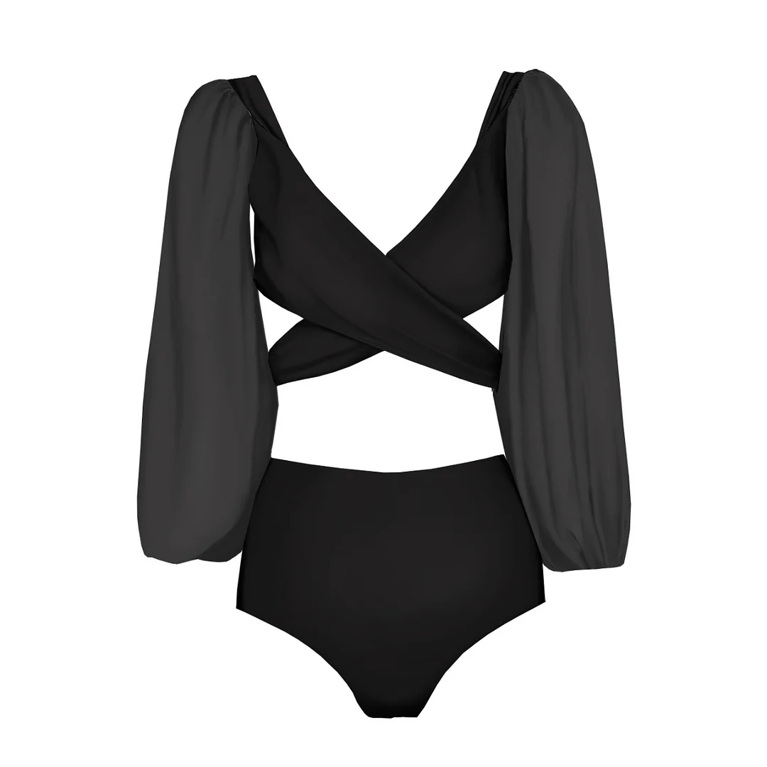 Uveng High-Waisted Split Long-Sleeved Swimsuit Women 2025 New Sexy Dew Back Cross-Tie With Deep V Bikini