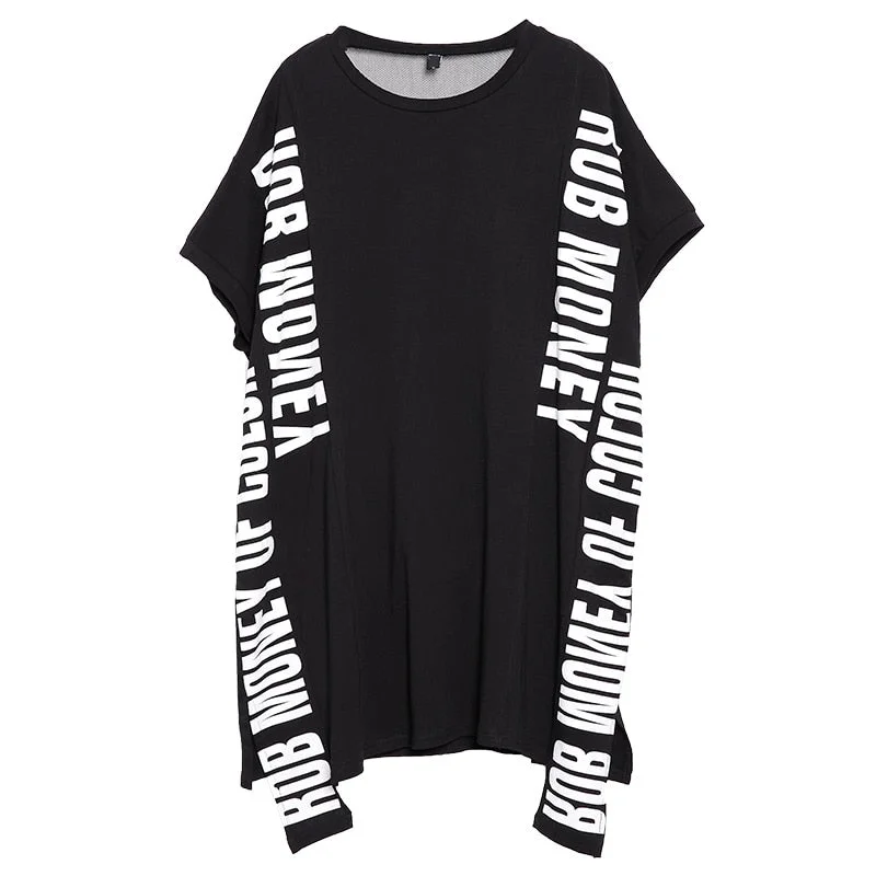 [EAM] Women Black Letter Printed Mesh Big Size T-shirt New Round Neck Short Sleeve  Fashion Tide  Spring Summer 2021 JQ971
