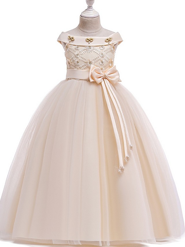 Bellasprom Princess Bateau Floor Length Cotton Flower Girl Dress With Bow Pearls Appliques Bellasprom