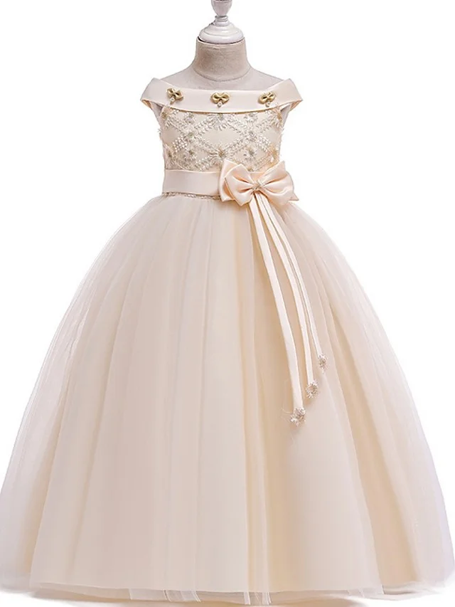 Daisda Princess Bateau Floor Length Cotton Flower Girl Dress With Bow Pearls Appliques