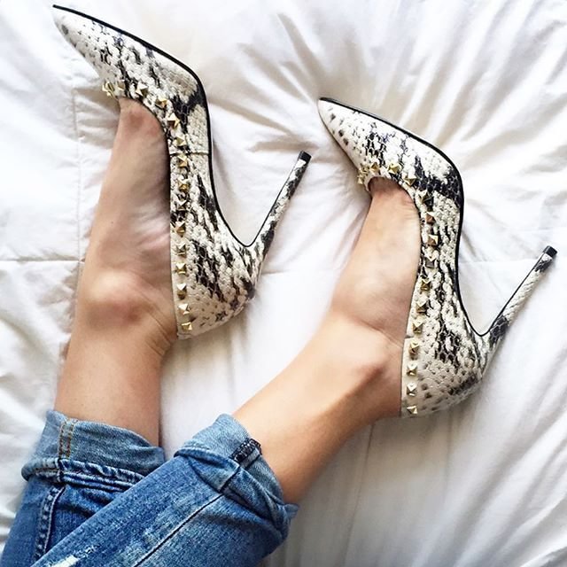 Python Black and White Heels Pointy Toe Stilettos Pumps with Rivets |FSJ Shoes