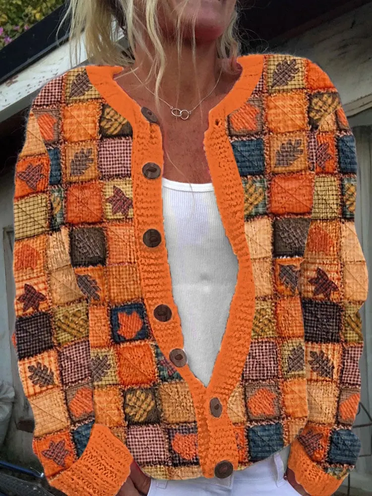 Women's Thanksgiving Pumpkin Maple Leaf Knit Cardigan 