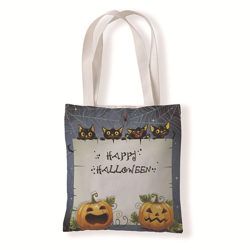 Halloween Women’s Medium Canvas Pumpkin Cat Streetwear Square Open Canvas Bag