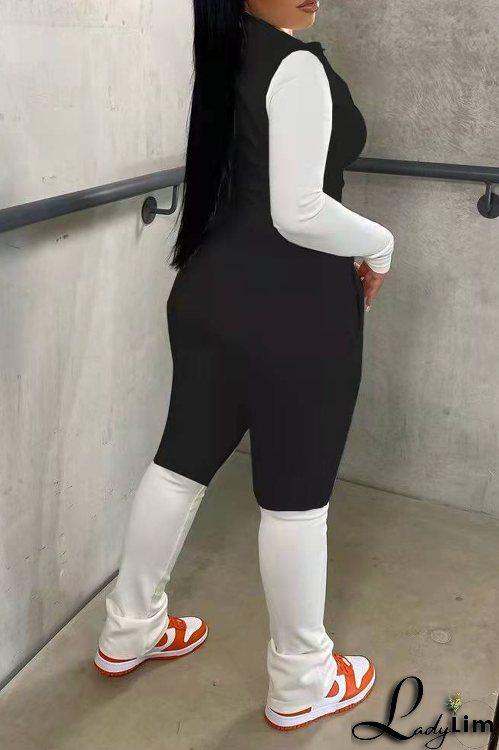 Black Casual Print Patchwork Zipper Collar Long Sleeve Two Pieces