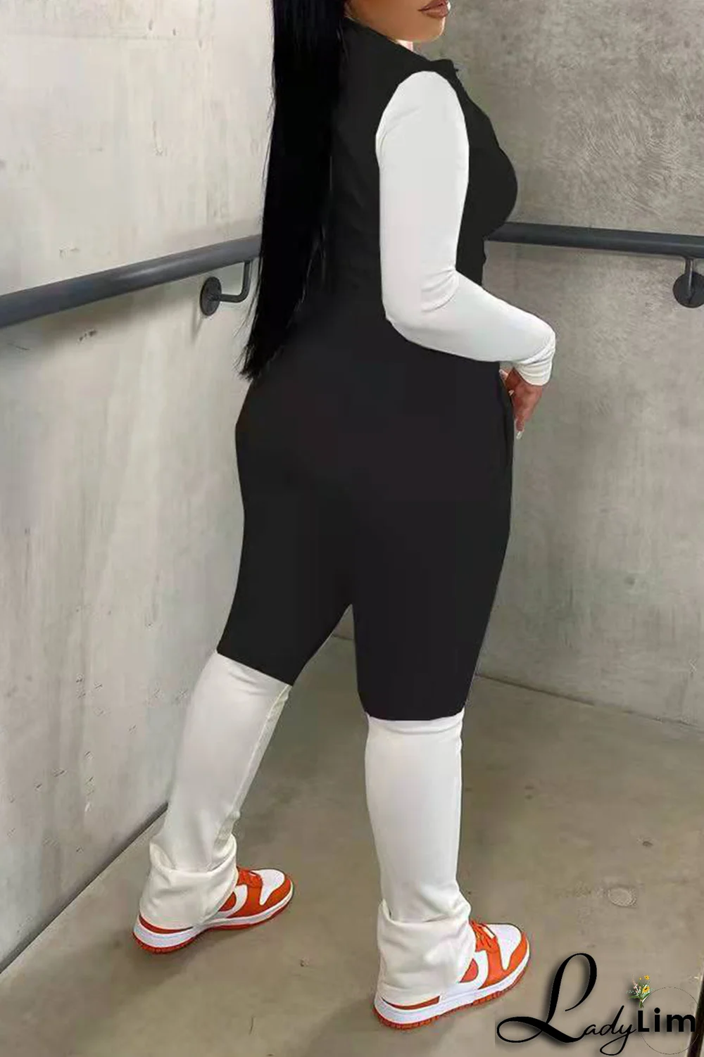 Black Casual Print Patchwork Zipper Collar Long Sleeve Two Pieces