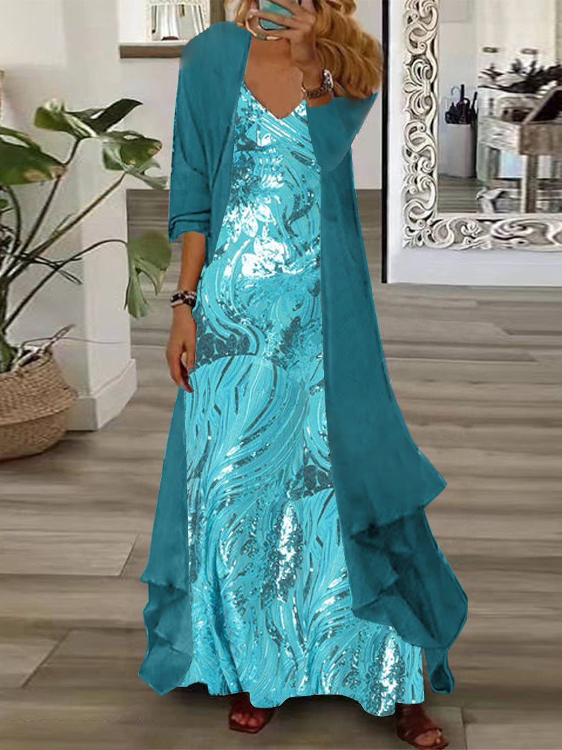 Women's Long Sleeve V-neck Graphic Printed Two Pieces Maxi Dress