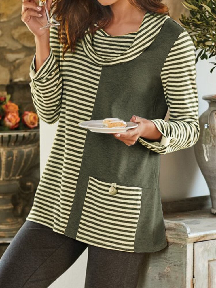 Stripe Patchwork Turtleneck Long Sleeve Casual Blouse For Women P1596537